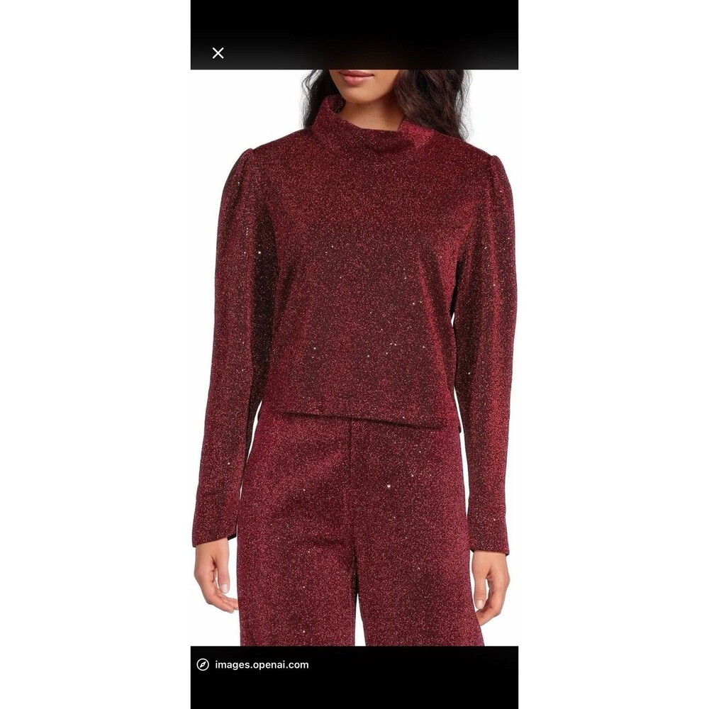 Buru Sparkly Mock Neck Long-Sleeve Blouse - Burgundy